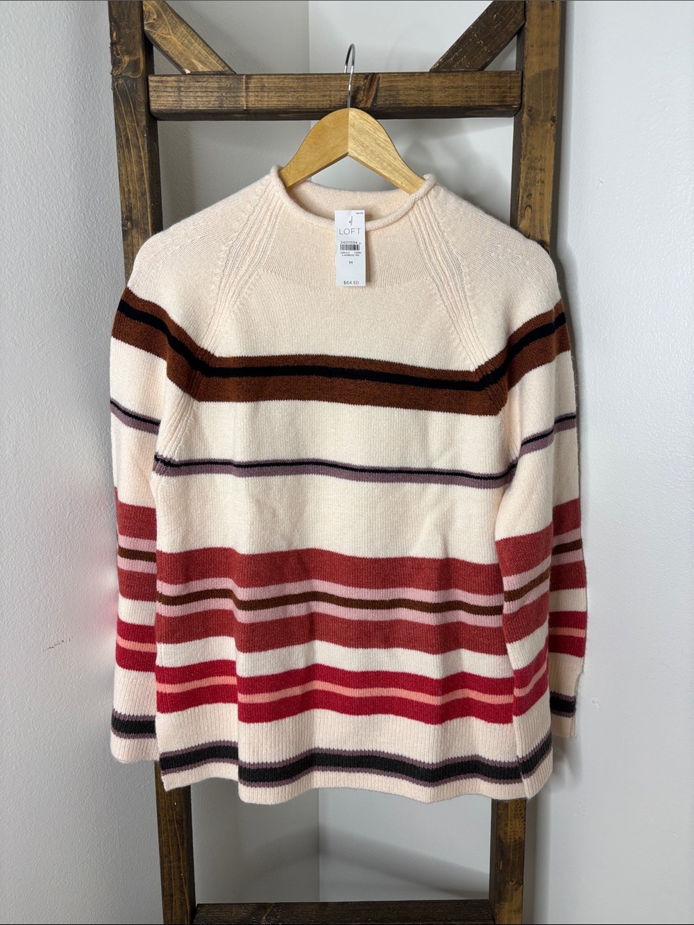 LOFT Cream Sweater with Red, Burgundy and Brown Stripes Size M